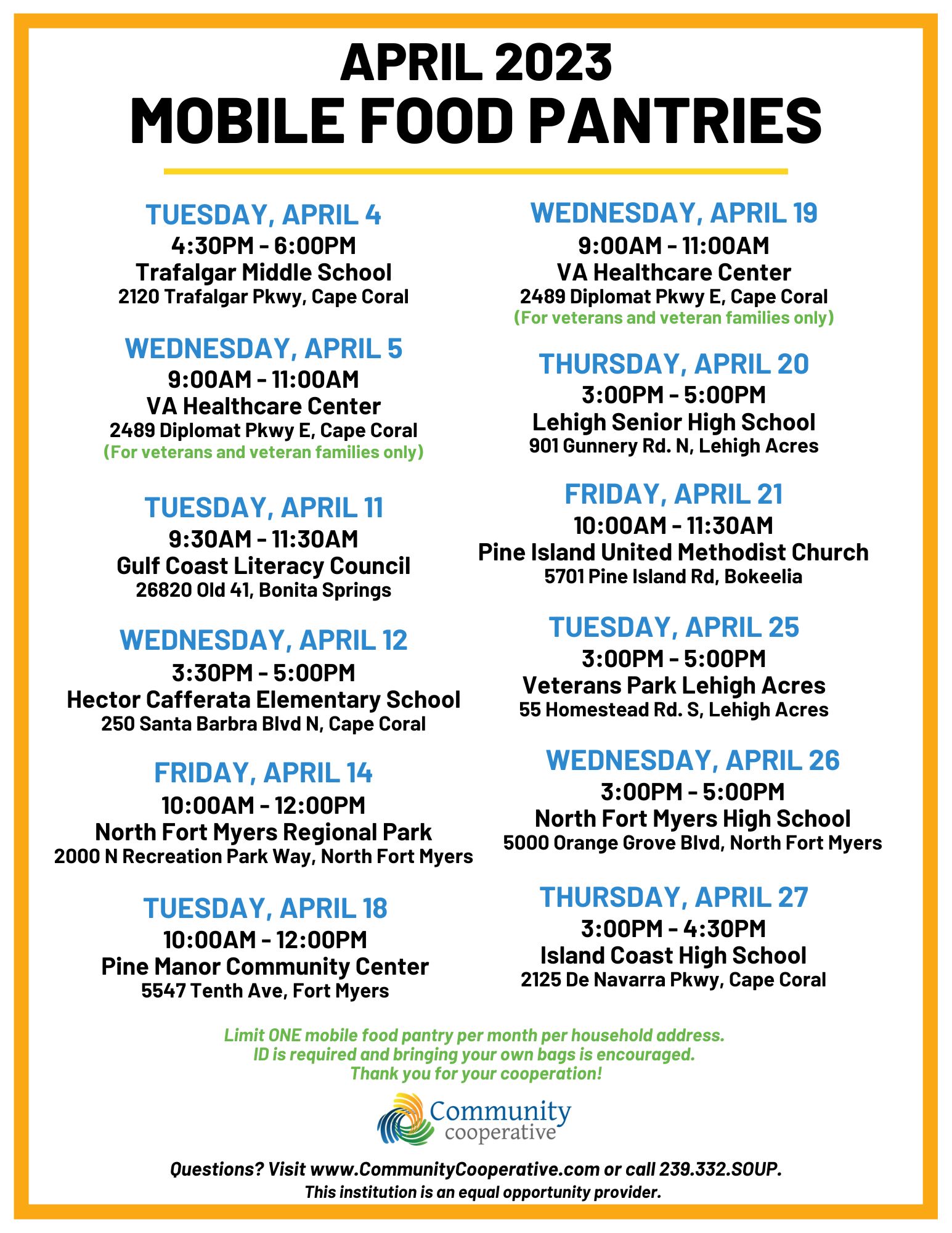 Community Cooperative Announces April Mobile Food Pantry Schedule and